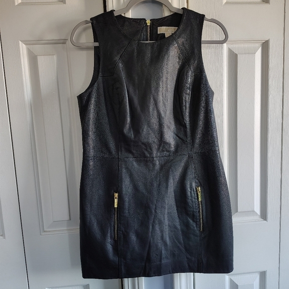 MICHAEL Michael Kors Dresses & Skirts - Michael Kors Faux Leather Black Mini Dress w Gold Zippers 8